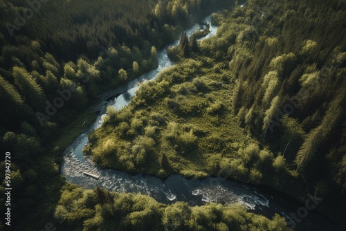Aerial view of lush woodland and flowing water in summertime. Generative AI