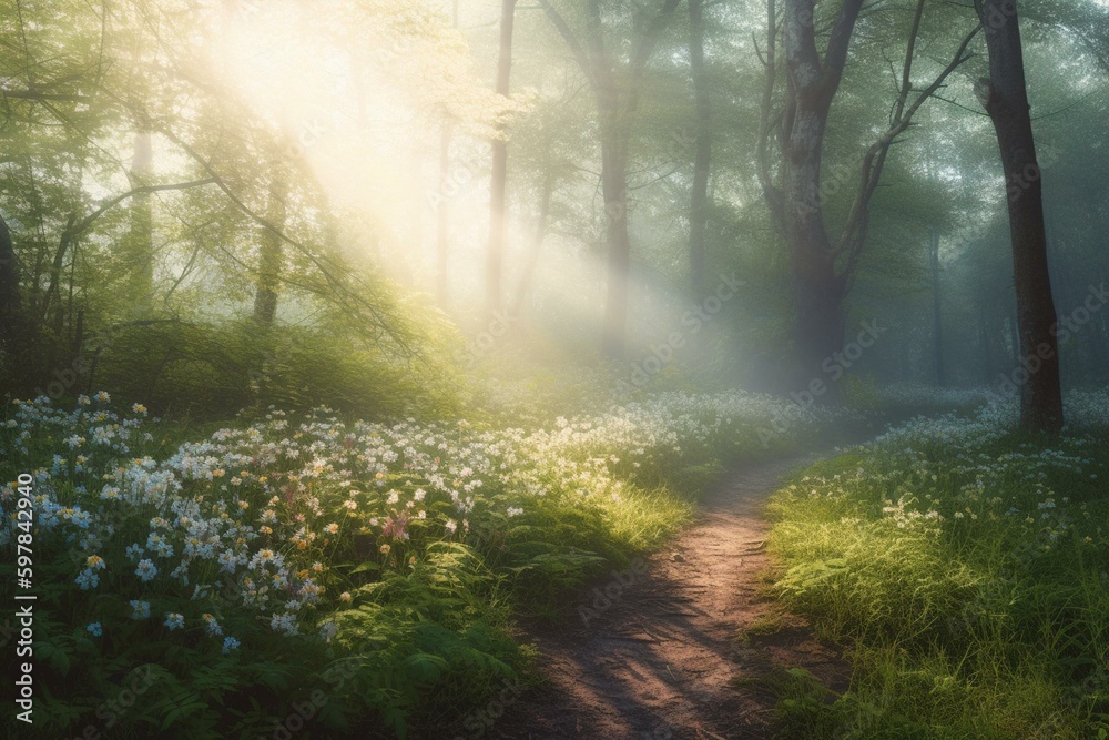 A forest painting with a path, flowers and trees with a foggy sky and sun shine. Generative AI