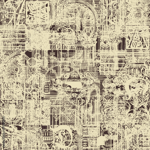 Abstract Seamless pattern on ancient architecture and art. Hand-drawn vector background with vintage buildings, architectural elements, coat of arms and old keys. Wallpaper, fabric