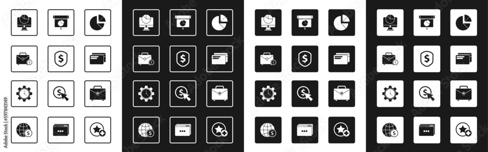 Set Pie chart infographic, Shield with dollar, Briefcase and money, Computer monitor, Credit card, Graph, chart, diagram,, and Time Management icon. Vector Set Pie chart infographic, Shield with dollar, Briefcase and money, Computer monitor, Credit card, Graph, chart, diagram,, and Time Management icon. Vector