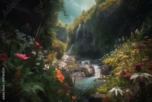 Experience a highly detailed paradise of a waterfall  surrounded by wildflowers   colorful scenery  with fluttering butterflies - all yours to explore. Generative AI