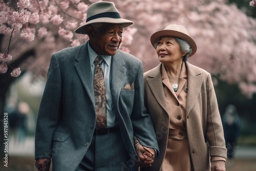 A candid shot of an elderly interracial couple holding hands and sharing a loving glance while walking in a park full of blooming cherry blossoms. Generative AI