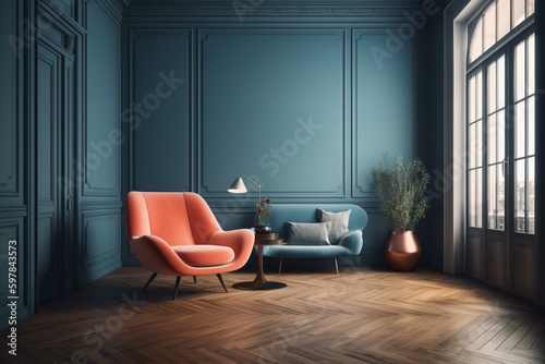 Sleek living room with blue armchair, coral wall, and wood floor. 3D rendering. Generative AI