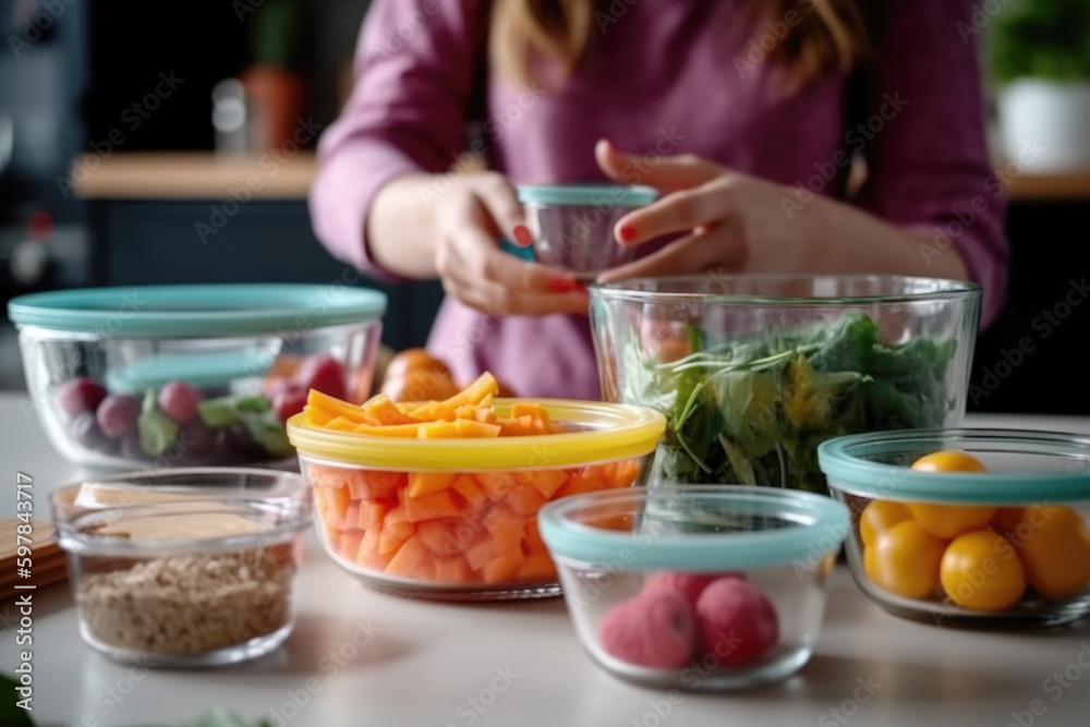 Woman putting cut fruit and vegetable into box and containers, closeup. Generative AI. Woman putting cut fruit and vegetable into box and containers, closeup. Generative AI.