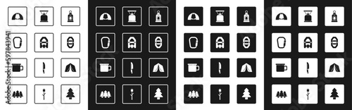 Set Camping lantern, Rafting boat, Carabiner, Tourist tent, gas stove, and metal mug icon. Vector