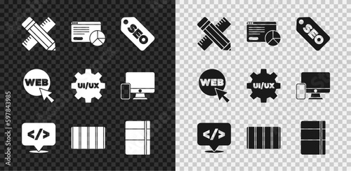 Set Crossed ruler and pencil, Website statistic, SEO optimization, Front end development, Color palette guide, Sketchbook album, graphic design and UI UX icon. Vector