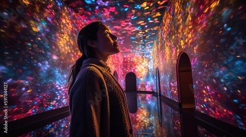 An awe-inspiring image of a person watching a 3D projection mapping show, capturing the wonder and excitement of immersive visual experiences. Generative AI photo