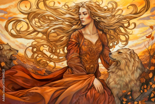 Mystical Scandinavian Goddess Freya Depicted in a Grotesque Fantasy Style, Symbolizing Magic, Power, and Beauty in Nordic Mythology photo