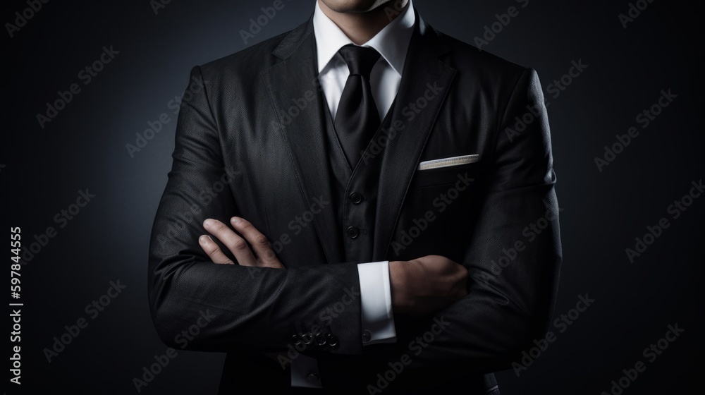 Torso of elegant businessman wearing suit and tie with crossed arms on black background. Generative AI. Torso of elegant businessman wearing suit and tie with crossed arms on black background. Generative AI.