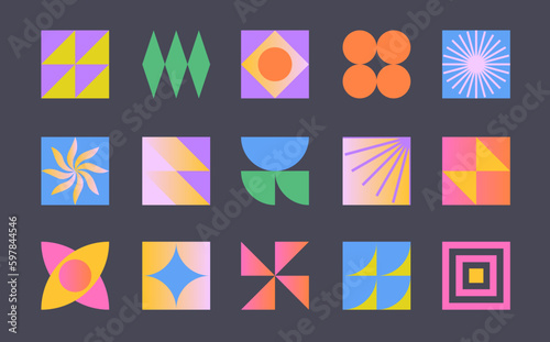 Vector bauhaus icons and symbols.Geometric vector emblems in trendy flat style.Minimalist simple shapes and elements.Modern trendy designs for branding,invitations,prints,social media