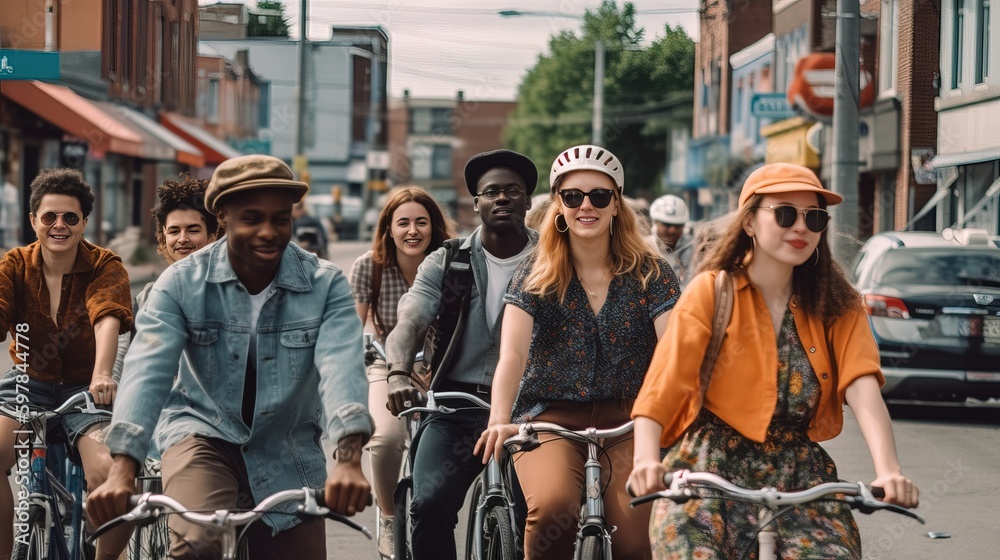 A vibrant image of a diverse group of people enjoying a group bike ride in the city, showcasing inclusivity and empowerment. Generative AI