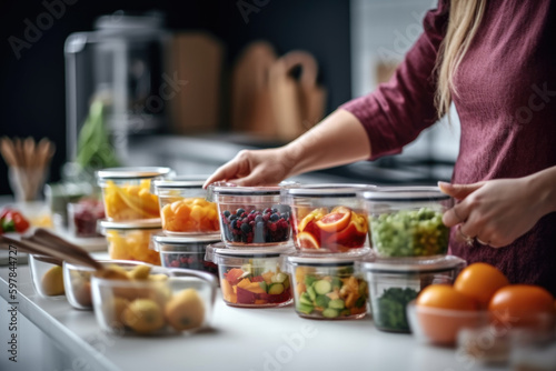Woman putting cut fruit and vegetable into box and containers   closeup. Generative AI.