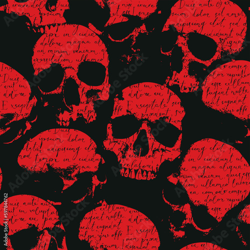 Seamless pattern with human skulls and handwritten text. Vector background with sinister smiling skulls in retro style. Graphic print for clothes, fabric, wallpaper, wrapping paper