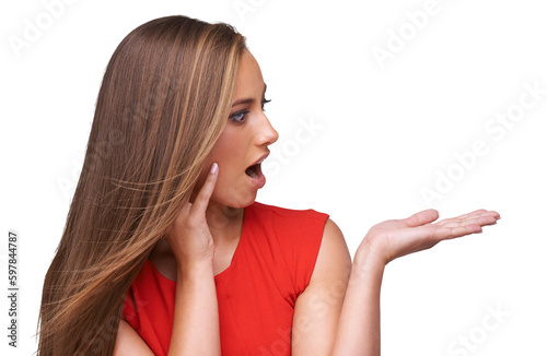 Εκτύπωση καμβά Surprise, amazed and woman with a pointing hand for advertising, marketing or creativity