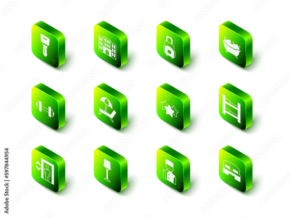 Set Hotel building, Suitcase, Bathtub, room bed, Stars rating, Concierge and Table lamp icon. Vector Set Hotel building, Suitcase, Bathtub, room bed, Stars rating, Concierge and Table lamp icon. Vector