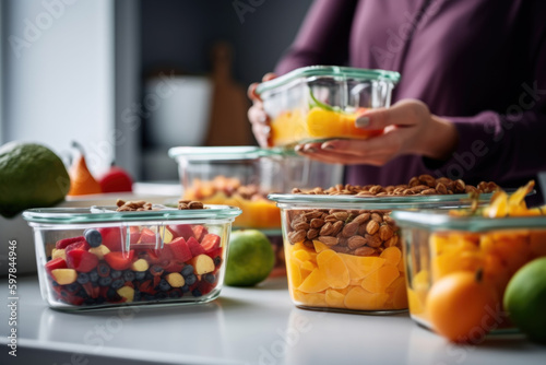 Woman putting cut fruit and vegetable into box and containers   closeup. Generative AI.