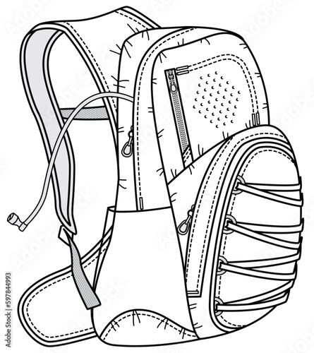 backpack with water bladder flat sketch vector illustration technical cad drawing template
