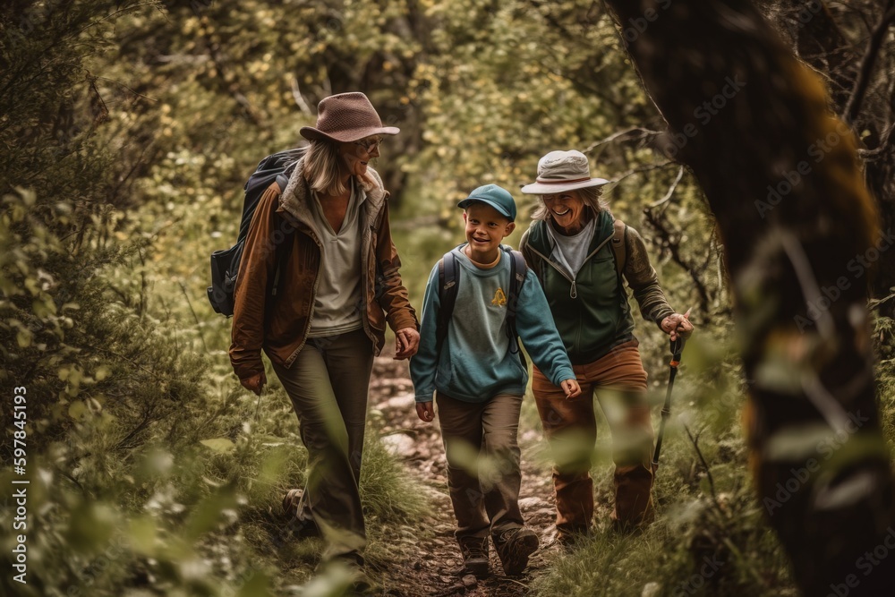 A heartwarming image of a family hiking together, enjoying the natural world and creating lasting memories. Generative AI