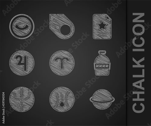Set Aries zodiac, Symbol Uranus, Planet Saturn, Bottle of water, Neptune planet, Jupiter, Star constellation and Medallion with eye icon. Vector