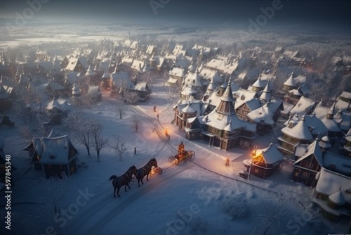 Winter wonderland with Santa in sleigh flying over snowy landscape and houses during Christmas. Generative AI