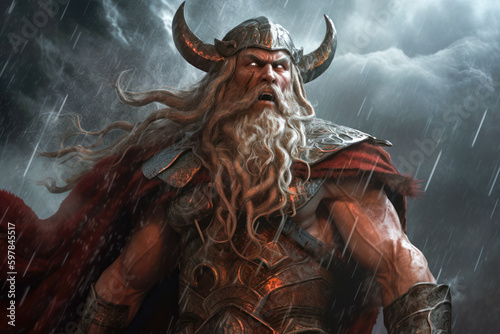 Powerful and imposing depiction of Thor, Norse god of thunder, with exaggerated muscular physique, pulsing veins, and untamed red beard amidst a raging storm.