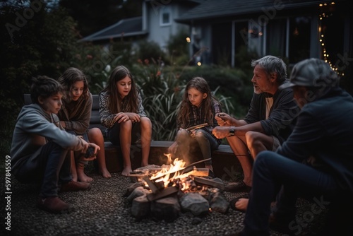 A warm image of a family gathered around a backyard fire pit, enjoying each other s company in their outdoor sanctuary. Generative AI