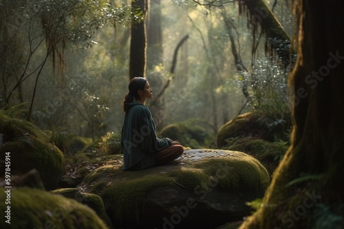 A serene image of a person meditating in a lush forest, embracing the tranquility of nature. Generative AI
