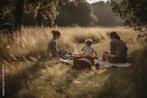 A soothing photograph of a same-sex family having a picnic in a picturesque meadow, emphasizing the importance of quality time and enjoying life s simple delights. Generative AI