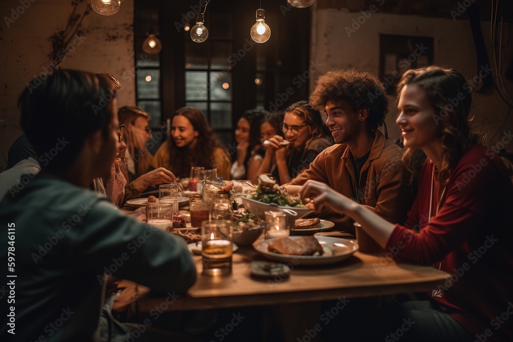 An opposed image of a diverse group of friends enjoying a meal together, showcasing the beauty of candid connections. Generative AI