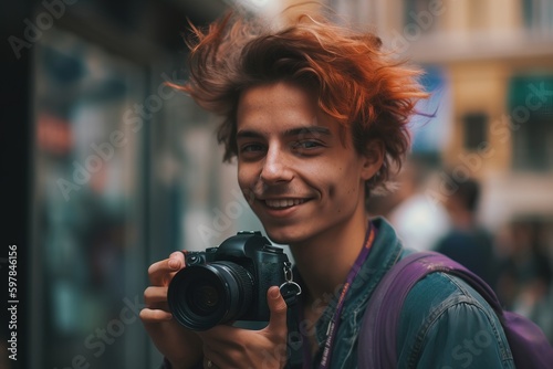A genuine photograph of a person with Queer look creating art, capturing the authentic joy and creativity of the moment. Generative AI © 22Imagesstudio