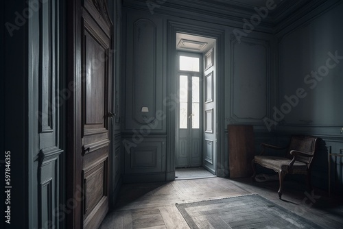 A room painted in gray tone featuring a door in white. Generative AI