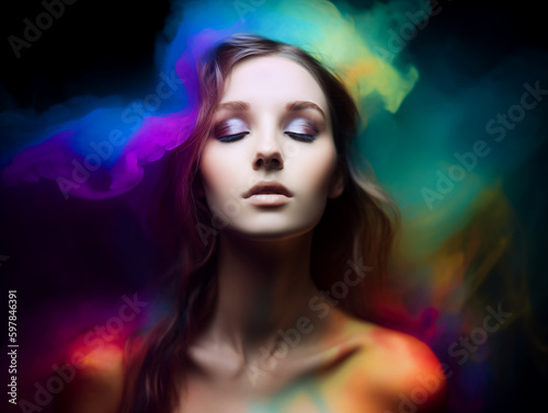 A portrait of a woman with closed eyes surrounded by colorful smoke. She wears purple eyeshadow and has soft, smooth skin. Generative AI.