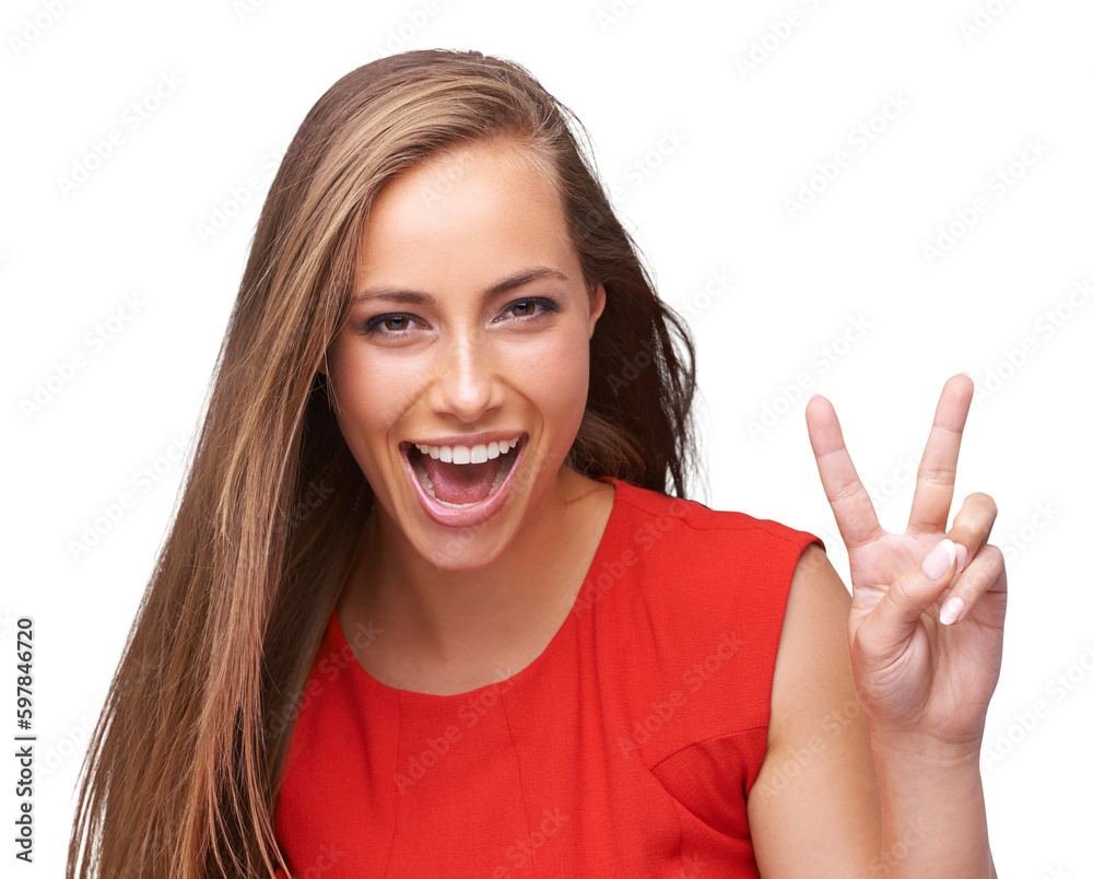 Excited, woman and portrait with peace sign isolated on a transparent png background for support, motivation and positive mindset. Face, v hand gesture and female person with emoji for happy victory. Excited, woman and portrait with peace sign isolated on a transparent png background for support, motivation and positive mindset. Face, v hand gesture and female person with emoji for happy victory.
