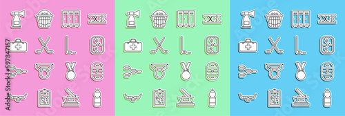 Set line Fitness shaker, Ice hockey rink, Air table, Locker or changing room, sticks, First aid kit, horn and and puck icon. Vector