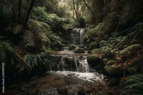 A stunning cascading water feature amidst dense woodland. Generative AI