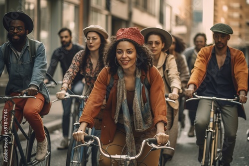 A vibrant image of a diverse group of people enjoying a group bike ride in the city, showcasing inclusivity and empowerment. Generative AI © 22Imagesstudio
