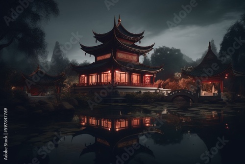 Illustration of a Chinese temple on a pond. Generative AI