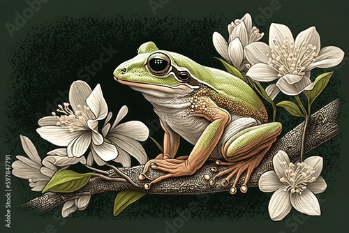 Tree-dwelling Frog with a White Tip on Its Tail blossoming litoria infrafrenata. Generative AI photo