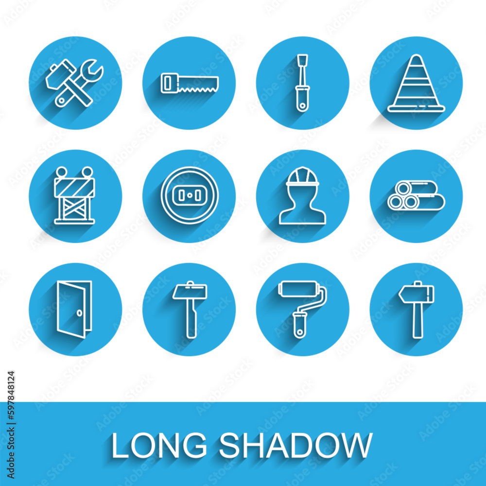 Set line Closed door, Hammer, and wrench spanner, Paint roller brush, Electrical outlet, Industry metallic pipe and Worker safety helmet icon. Vector