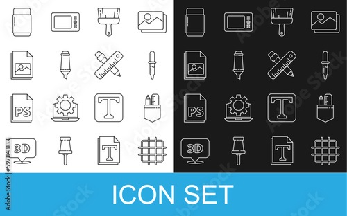 Set line Grid graph paper, Crossed ruler and pencil, Pipette, Paint brush, Marker, Picture landscape, Eraser or rubber and icon. Vector
