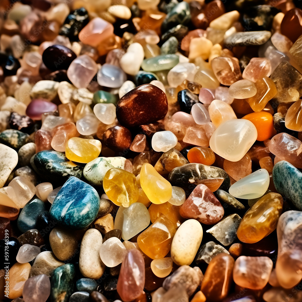 Crushed rock close up. Small rocks ground. Crushed stone road building material gravel texture. Small stone construction material rock created with Generative AI technology. Crushed rock close up. Small rocks ground. Crushed stone road building material gravel texture. Small stone construction material rock created with Generative AI technology.