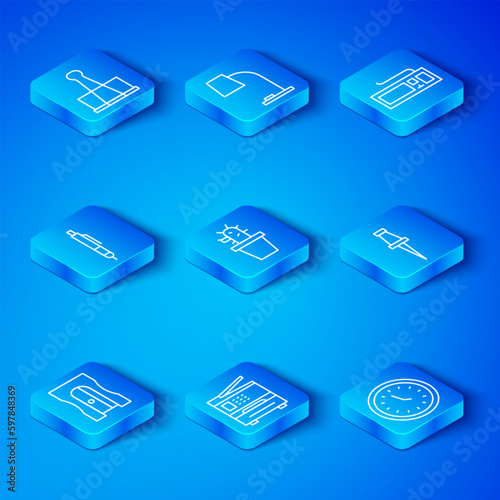 Set line Pencil sharpener, Cactus and succulent in pot, Printer, Push pin, Keyboard, Binder clip and Clock icon. Vector