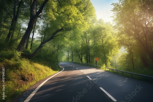 Country road amid green summer trees| 3D visual of isolated green landscape| travel tourism creative design| floating curve asphalt. Generative AI