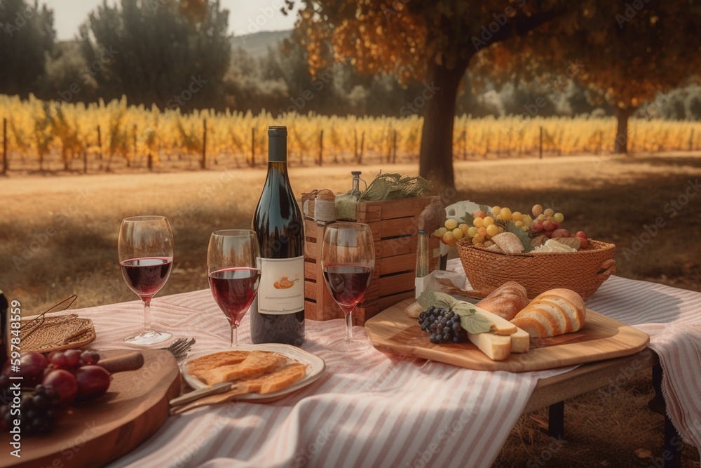 Experience a meticulously planned vineyard picnic with beautiful color coding and hyper-realistic attention. Using Unreal Engine 5's wide angle. Generative AI