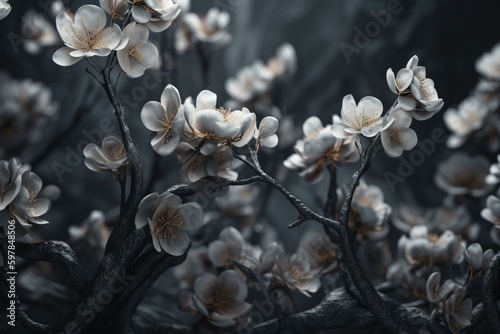 3D wallpaper with abstract tree flowers, gray background & black stem. Ideal for walls. Generative AI © Selena