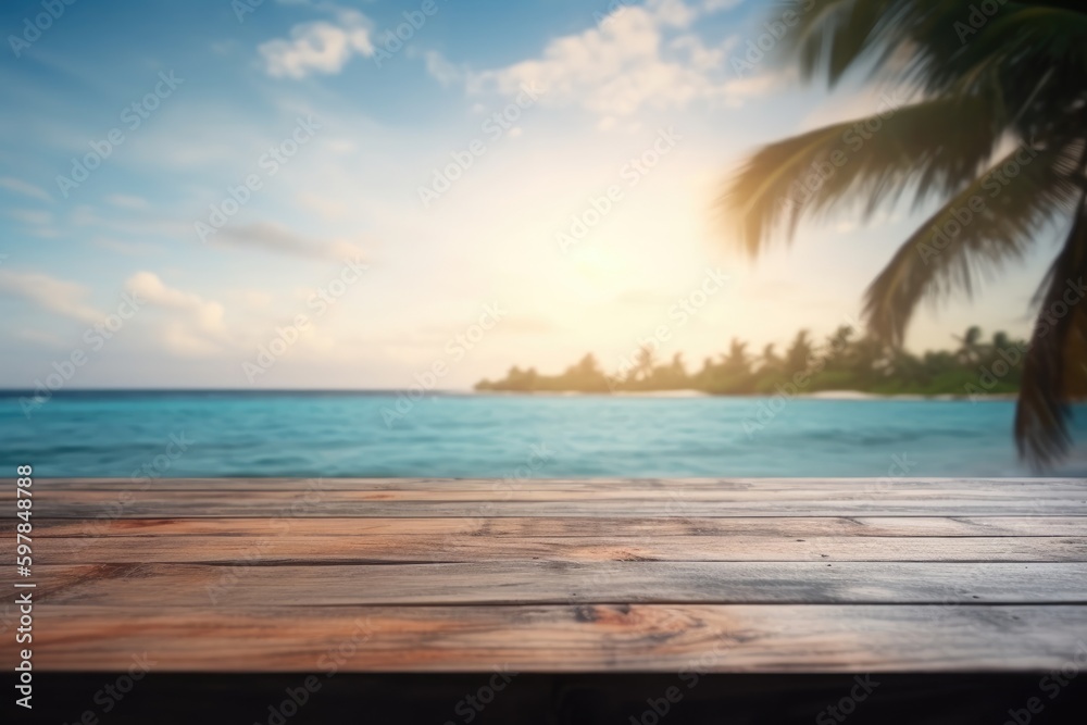 Wooden table top on blur tropical beach background - can be used for display or montage your products. Generative Ai