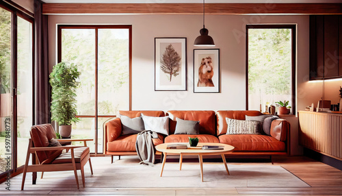 warm living room with a brown sofa and a large wooden frame, Scandinavian style. Generative AI © keks20034