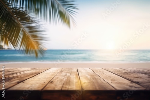 Wooden table top over blur tropical beach background with bokeh image. Generative Ai © vassileva_t