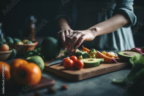 Woman putting cut fruit and vegetable into box and containers, closeup. Generative AI.