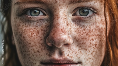 A close-up portrait of a young woman with freckles covering their face, with a natural and candid expression. Generative AI © 22Imagesstudio